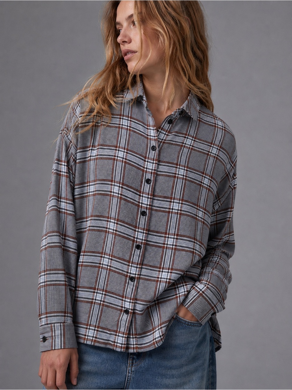 Madewell Women’s S Plaid Button Down Shirt 100% Cotton Brown Blue Oversized
